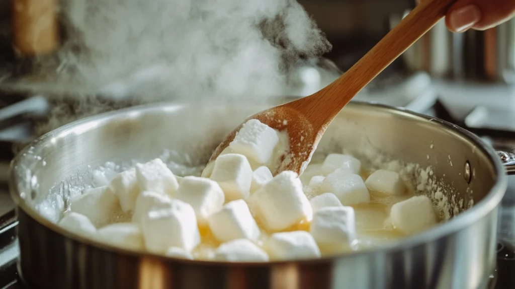 Original Rice Krispie Treat RecipeMelting butter and marshmallows in a saucepan, stirred with a wooden spoon for Rice Krispie Treats.