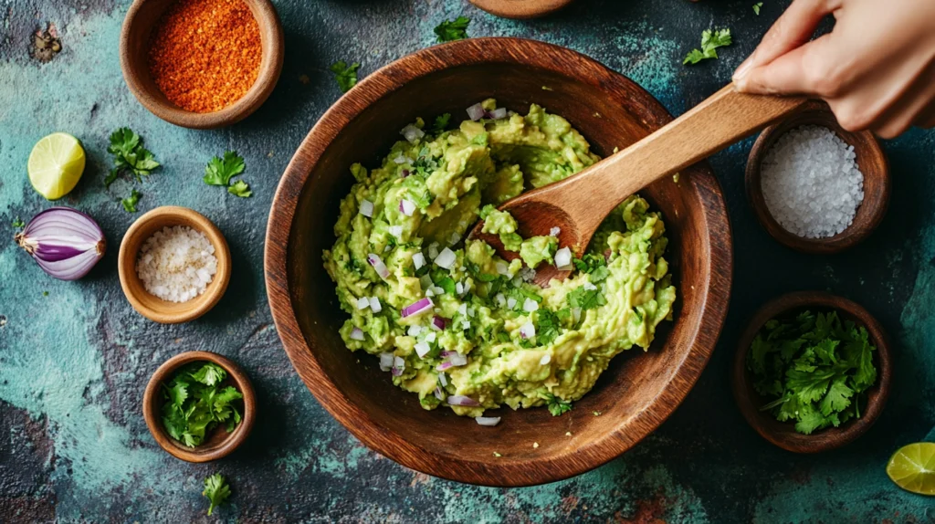 Mixing mashed avocados, diced onions, and lime juice for a fresh guacamole.