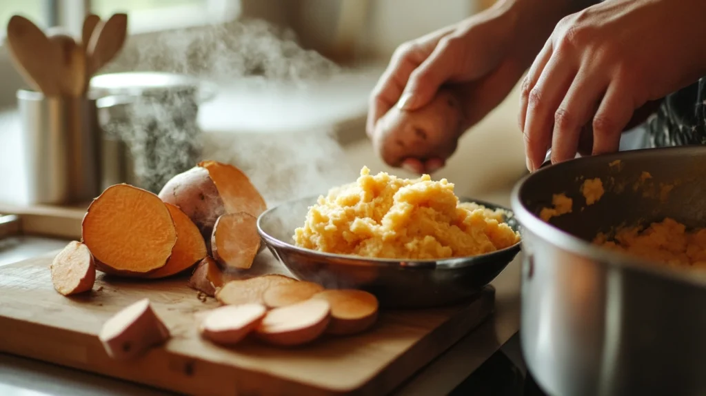 Chopped and mashed sweet potatoes being prepared for sweet potato cornbread.