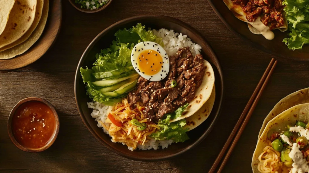 rice bowl with a soft-boiled egg, lettuce wraps with kimchi, and Ground beef bulgogi recipe tacos with sriracha mayo and cilantro.