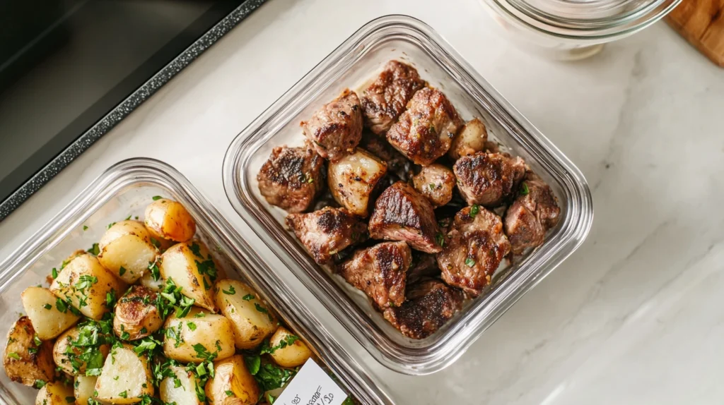 Meal Prep and Storage for Garlic Steak Bites and Potatoes – Refrigerator and Freezer Ready