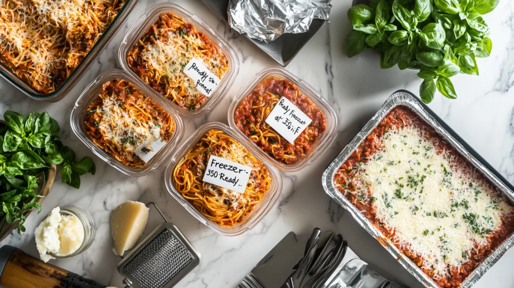 Million Dollar Spaghetti Casserole stored in airtight containers, ready for freezing and reheating.