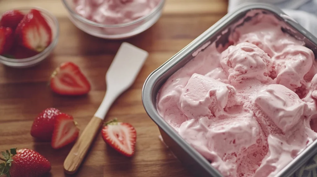 creamy strawberry and vanilla ice cream mixture, ready to be frozen for homemade ice cream bars.