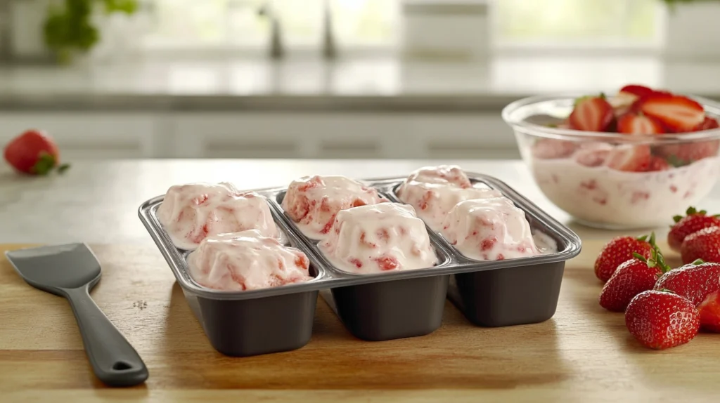 Popsicle molds filled with a creamy strawberry and vanilla ice cream mixture, ready to be frozen for homemade ice cream bars.