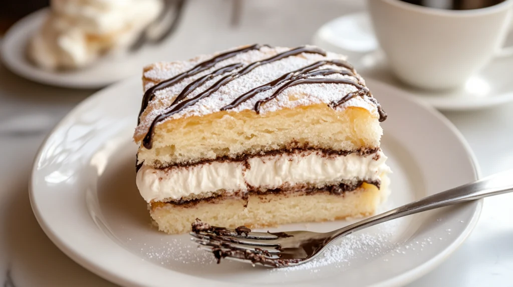 A slice of cream puff cake with vanilla filling and chocolate drizzle on a white plate.