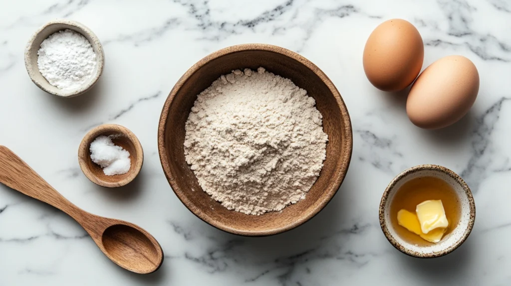 A flat lay of ingredients for Gluten-Free Waffle Recipe with Buckwheat Flour, including flour, eggs, buttermilk, cinnamon, and vanilla.