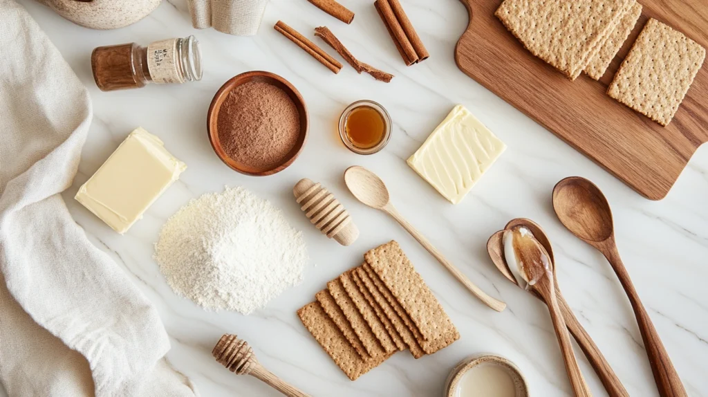  Ingredients for homemade cinnamon graham crackers, including flour, brown sugar, honey, butter, and cinnamon, displayed on a white marble countertop.