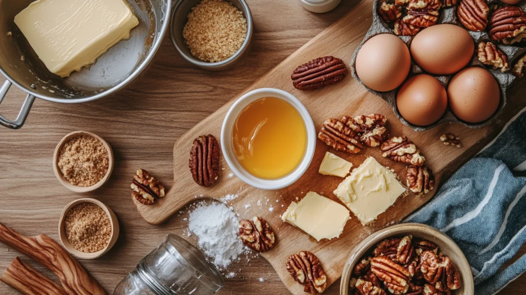 A well-organized display of fresh pecans, brown sugar, butter, and cake mix—everything you need for Pecan Pie Dump Cake.