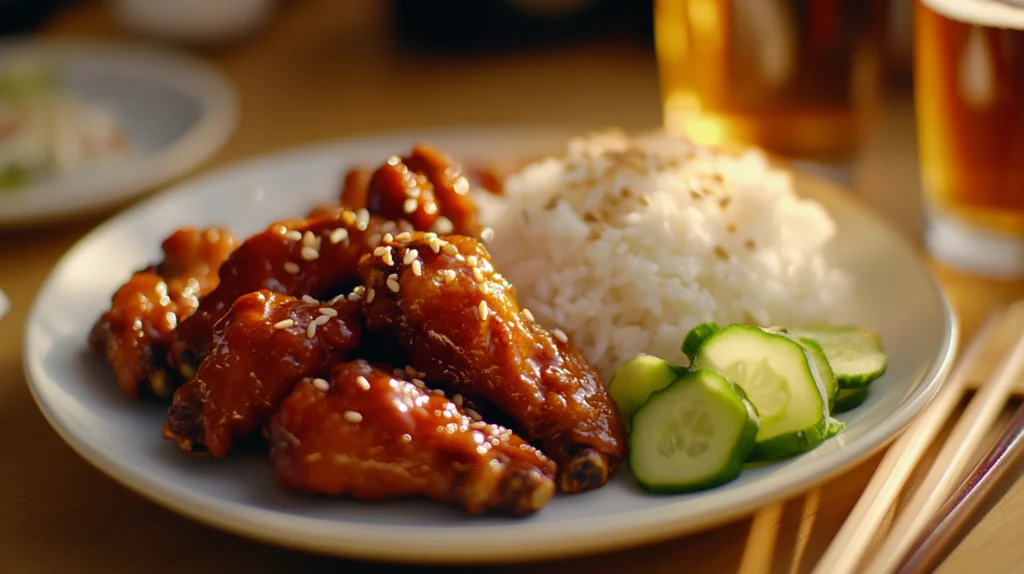 Korean chicken wings  served with steamed rice, pickled radish, cucumber salad, and a glass of Korean beer on a wooden table.