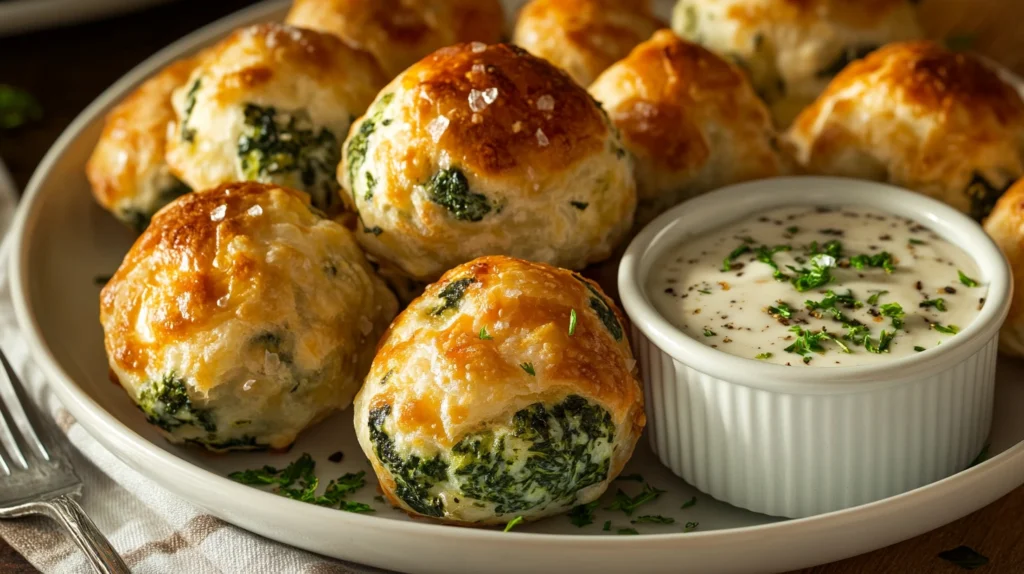 A plate of golden brown Kronk’s Spinach Puffs, served warm with a creamy dipping sauce and garnished with fresh herbs.