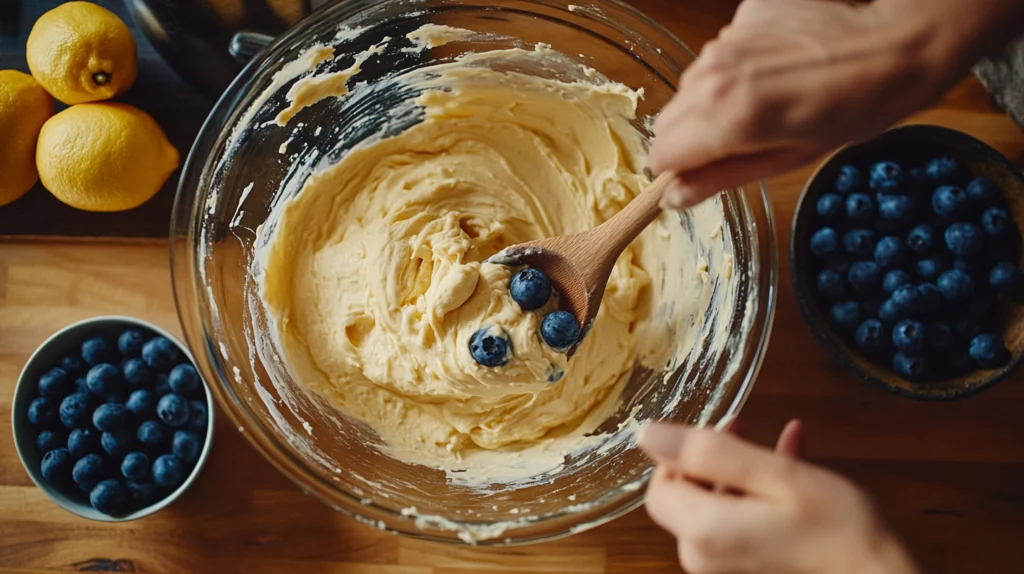 Mixing lemon blueberry bread batter in a bowl, with fresh blueberries and lemon zest visible.