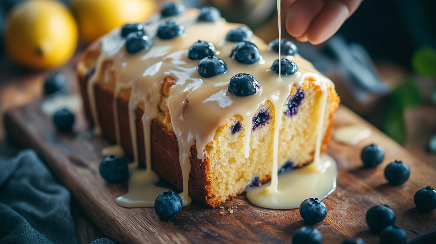 Freshly baked lemon blueberry bread with golden crust, sliced to reveal a soft and moist interior with juicy blueberries.