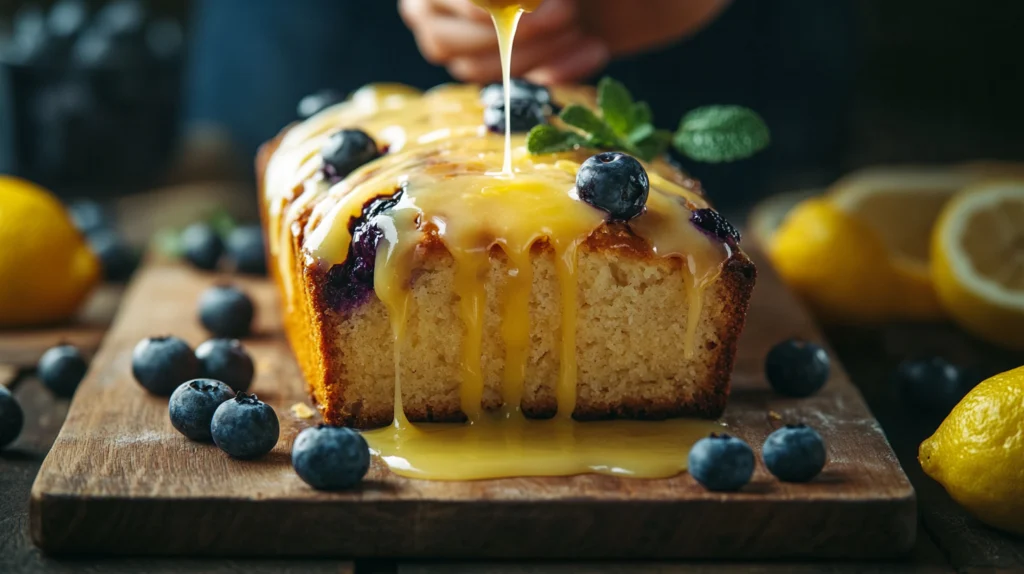 Drizzling lemon glaze over a freshly baked lemon blueberry bread loaf, enhancing its flavor with a sweet citrus touch.