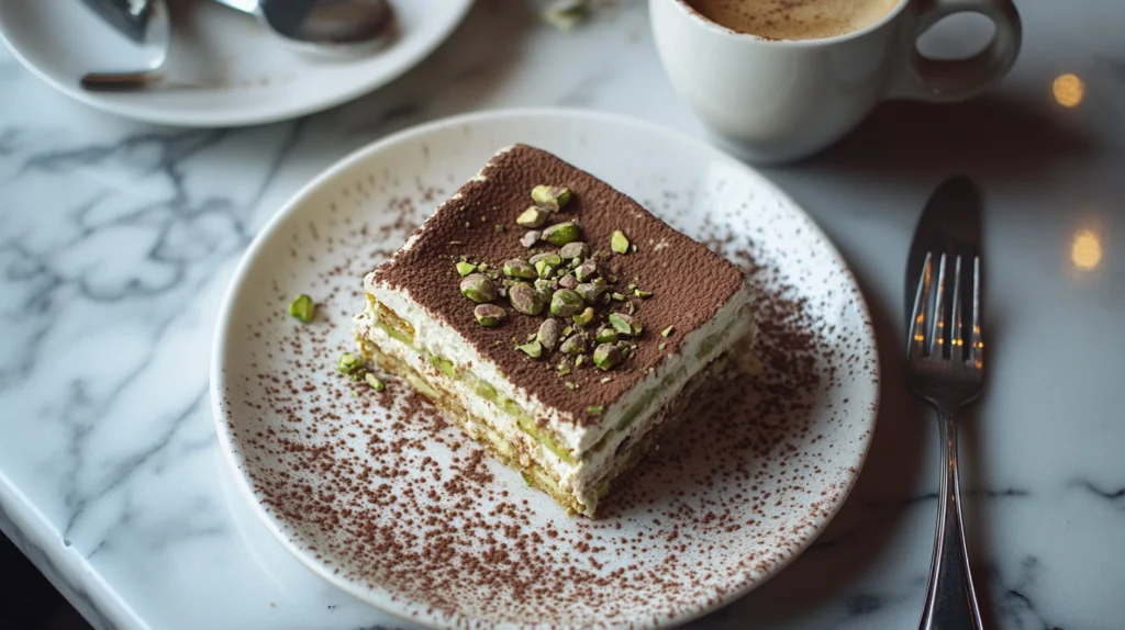 A beautifully plated slice of pistachio tiramisu, garnished with crushed pistachios and cocoa powder