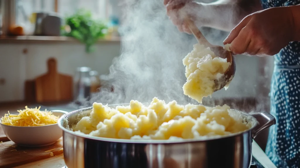 Cheesy Mashed Potatoes Recipe ; Freshly boiled potatoes being mashed with butter in a steaming pot.