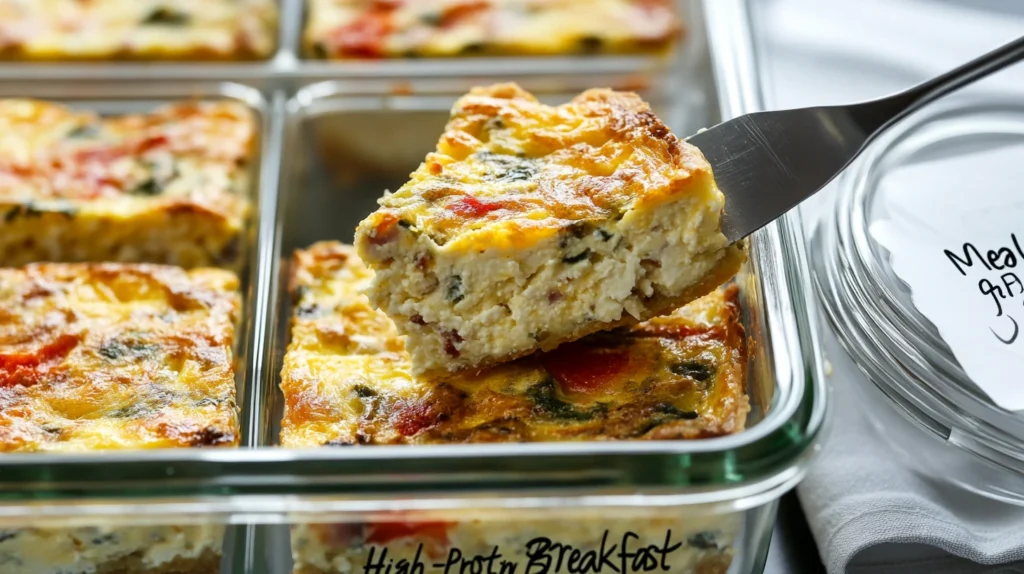 Cottage cheese quiche slices stored in a glass container for meal prep and easy refrigeration.