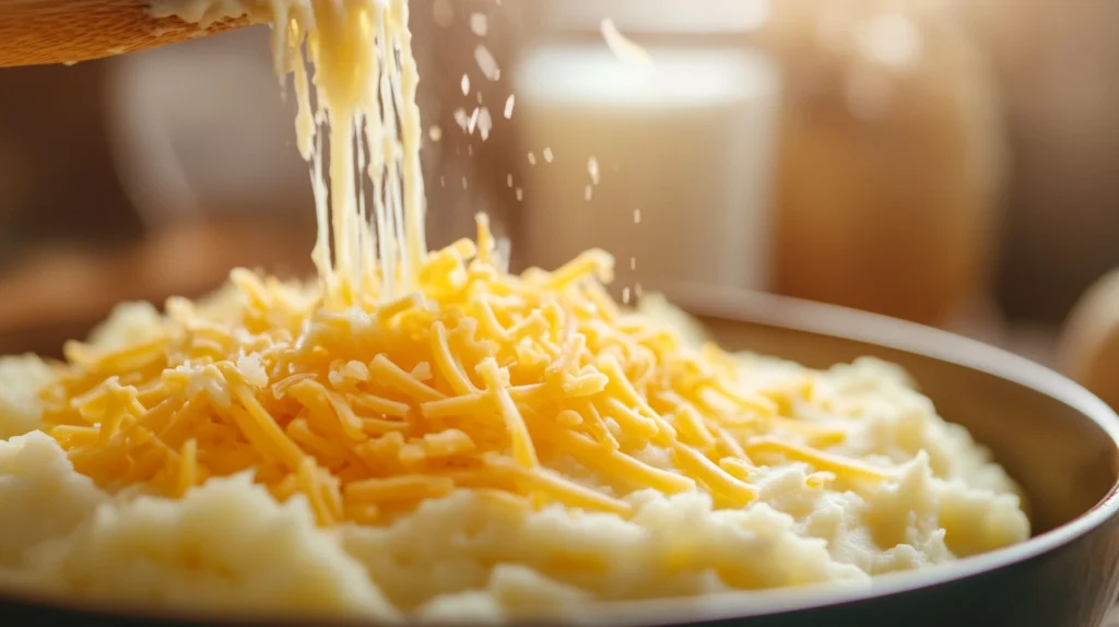 Cheesy Mashed Potatoes Recipe ; Freshly shredded cheddar cheese melting into warm mashed potatoes.