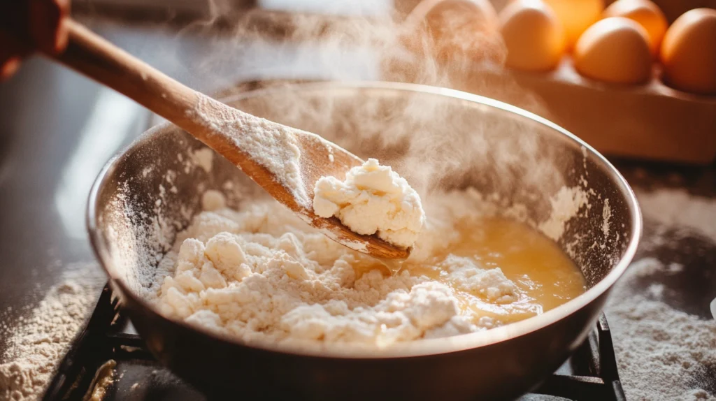 Choux pastry dough being mixed in a saucepan with flour, butter, and water for cream puff cake.