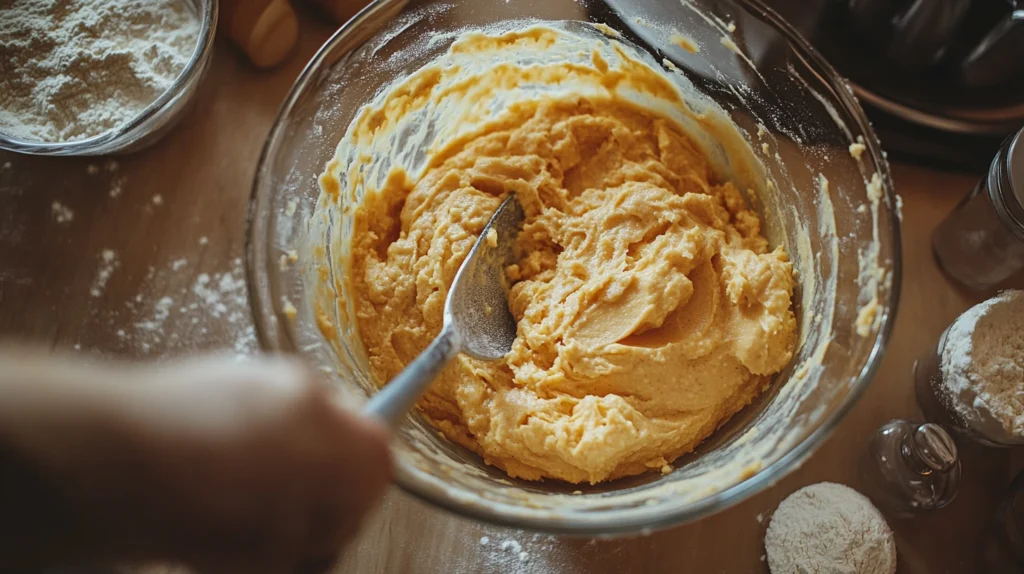 Thick and creamy sweet potato cornbread batter in a mixing bowl, ready to be baked.