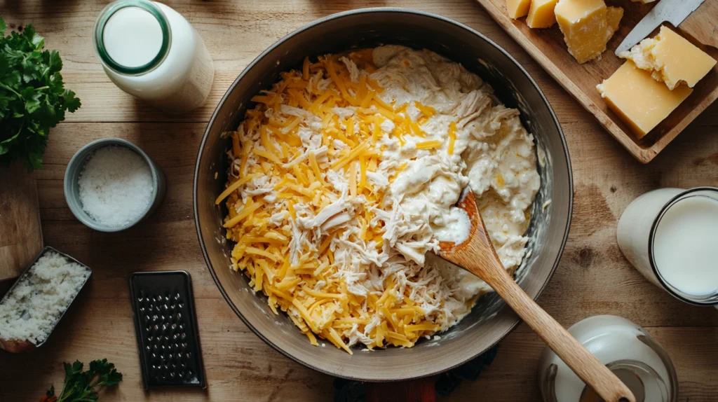 A bowl of shredded chicken, hash browns, cheese, and cream sauce being mixed together for a homemade chicken and hash brown casserole.