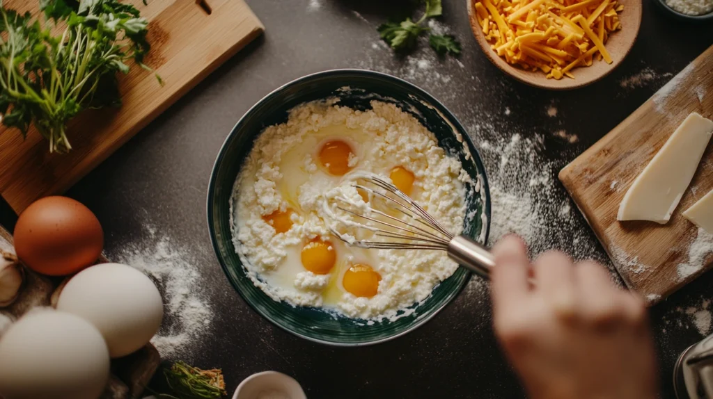 Cottage cheese quiche filling being whisked in a mixing bowl with eggs, cottage cheese, and milk.