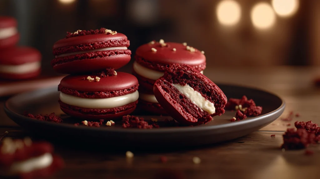 Close-up shot of a batch of red velvet macarons with cream cheese filling, displayed on a serving platter.