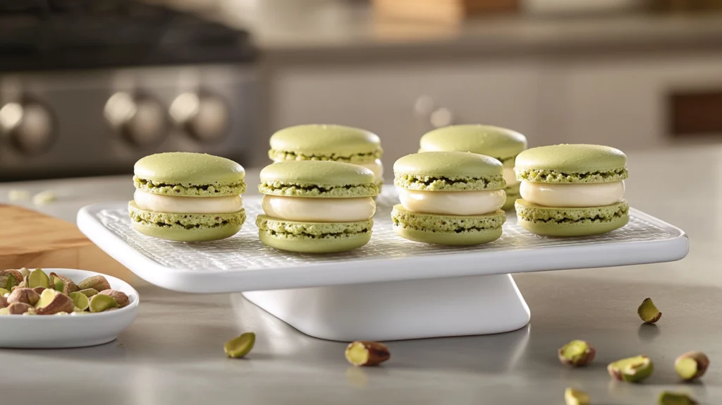 pistachio macaron recipe ; Fully assembled pistachio macarons with creamy white chocolate ganache, garnished with crushed pistachios.