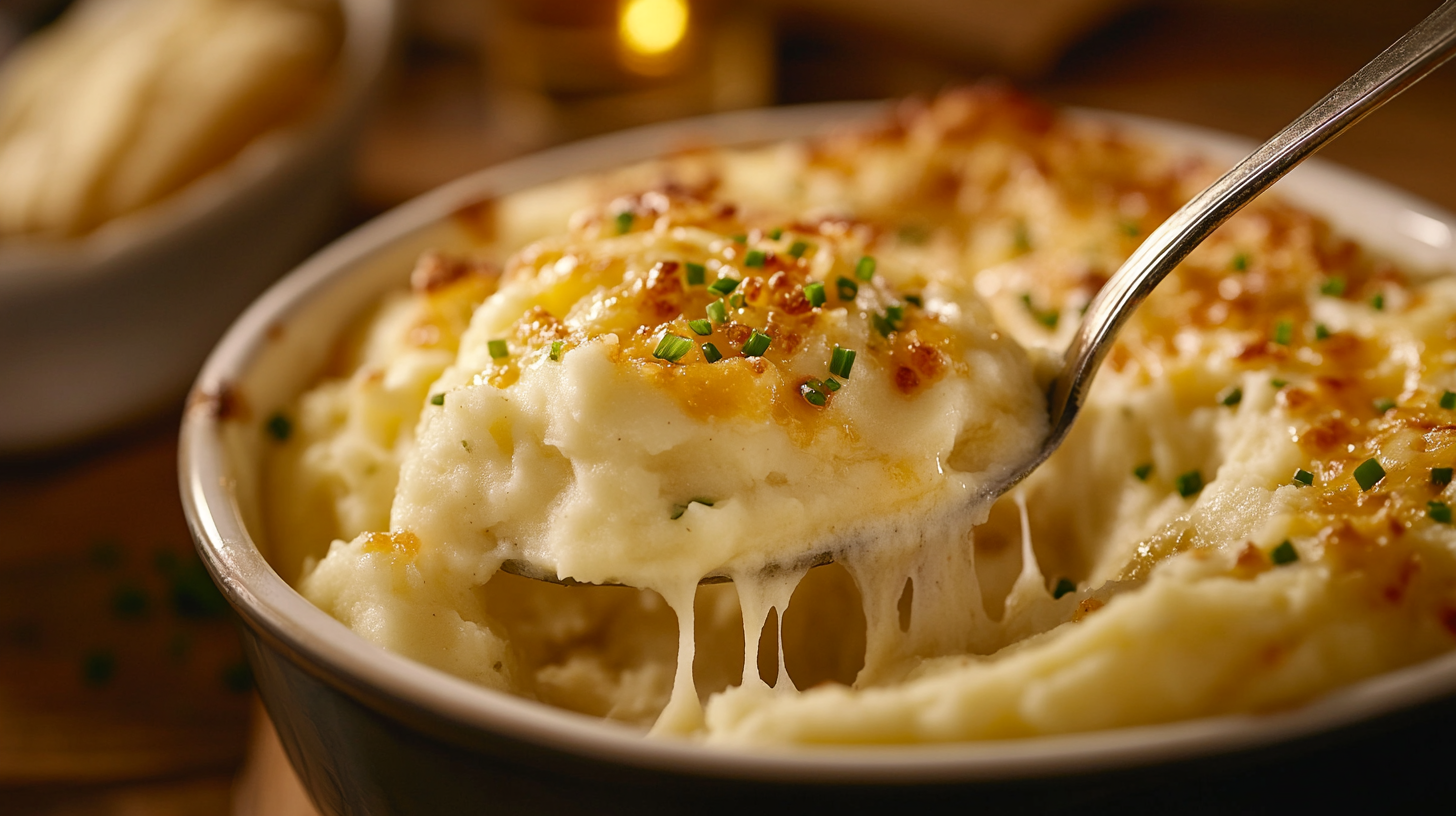 A bowl of creamy cheesy mashed potatoes garnished with chives and extra cheese.