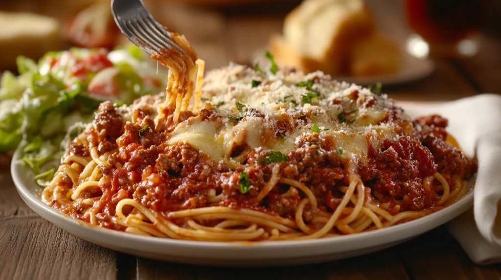 A plated serving of Million Dollar Spaghetti Casserole with layers of pasta, cheese, and meat sauce