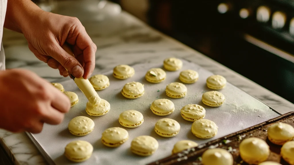  Piped pistachio macaron shells resting on a silicone mat before baking for best pistachio macaron recipe