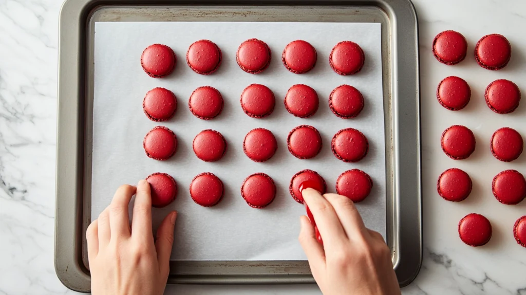 A baker pipes red velvet macaron batter onto a lined baking sheet, ensuring uniformity before resting.