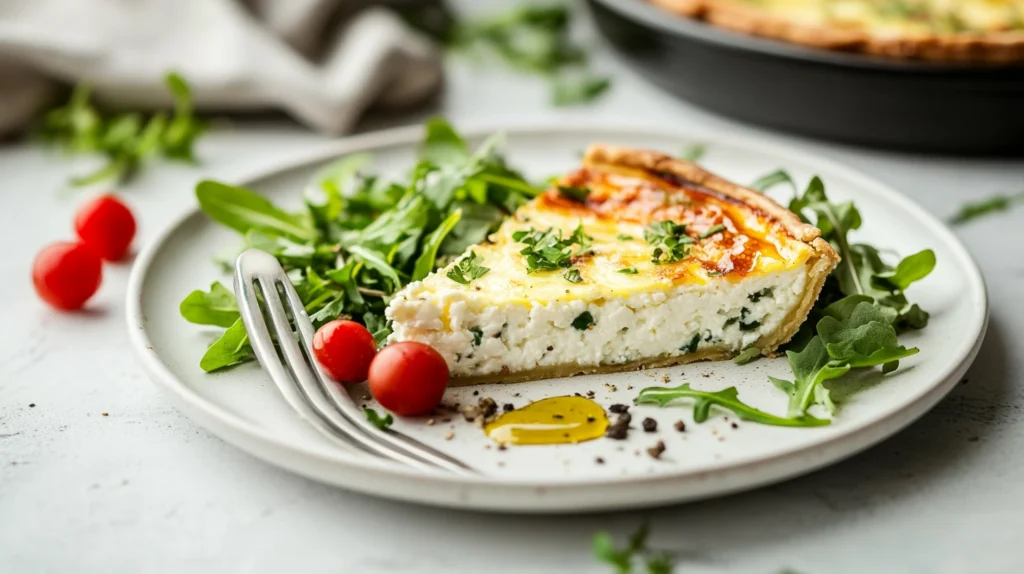  A slice of cottage cheese quiche on a plate, served with fresh greens and cherry tomatoes.