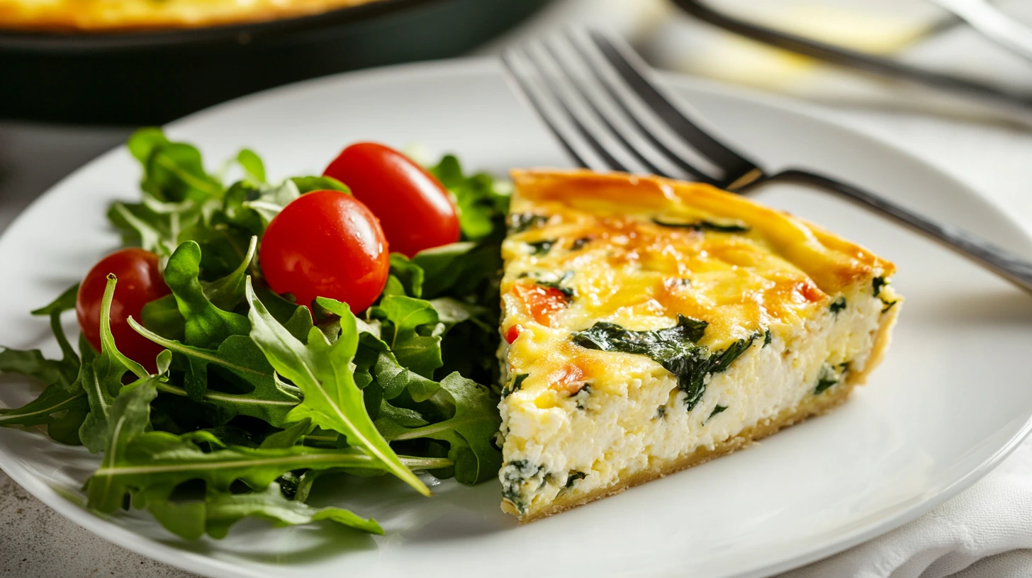 A slice of cottage cheese quiche on a plate, served with fresh greens and cherry tomatoes.