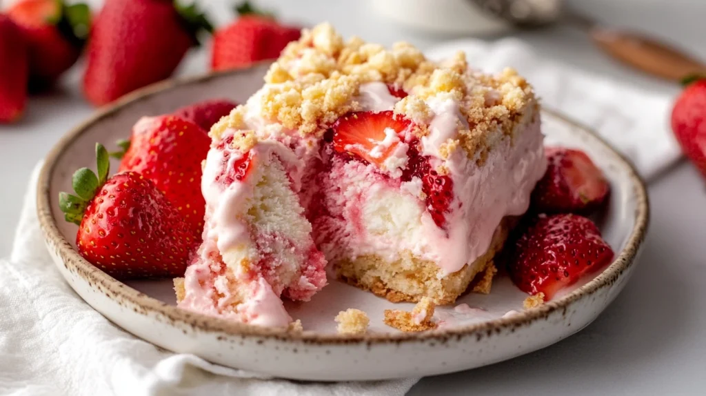 Plated Strawberry Shortcake Ice Cream Bars with a Bite Taken