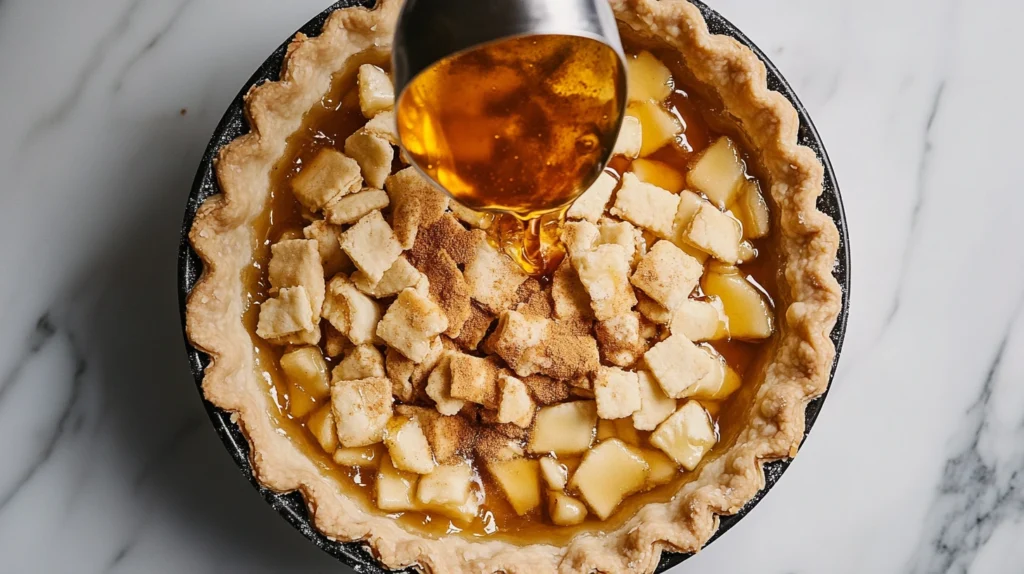 A pie crust filled with crushed crackers as sugar syrup is poured over them, mimicking apple pie filling