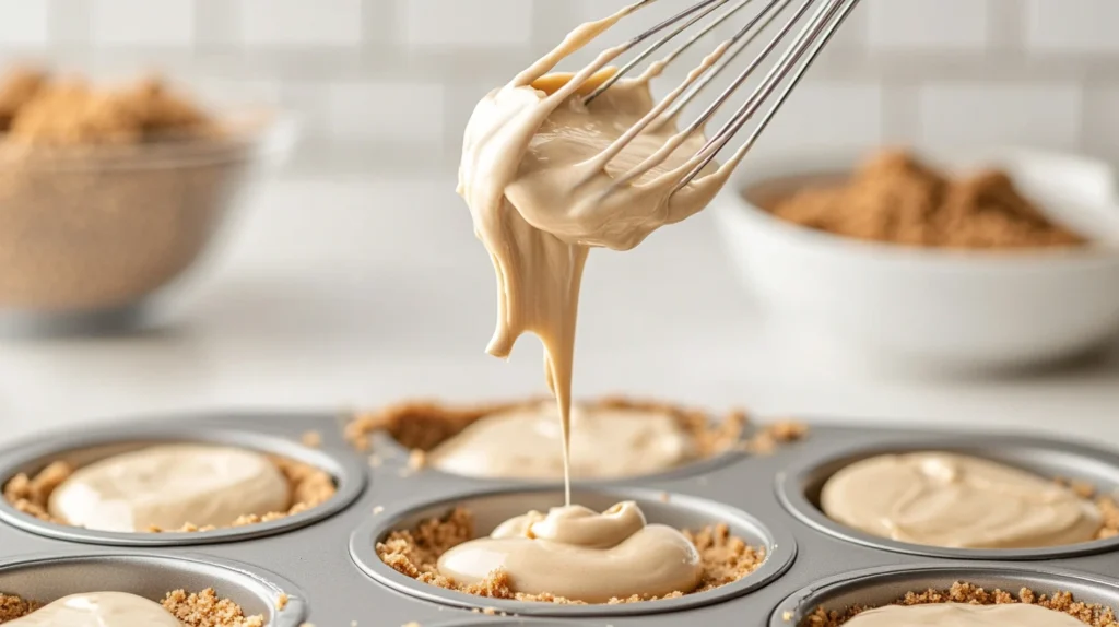  Cheesecake batter being spooned over a graham cracker crust in a muffin tin, ready for baking.