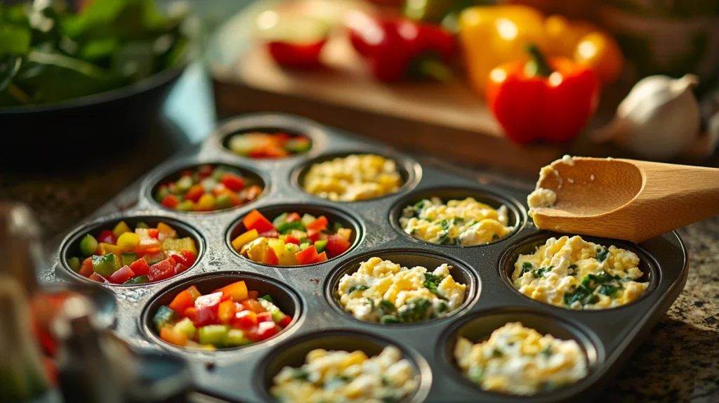 Muffin tin filled with unbaked egg bites mixture, showing eggs, cottage cheese, and diced vegetables like bell peppers and spinach.