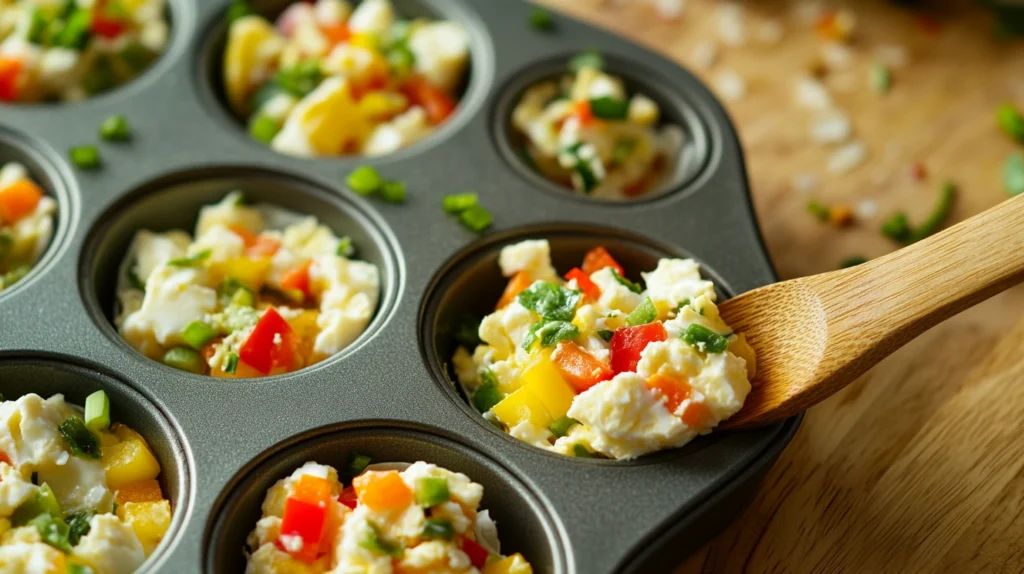 Muffin tin filled with unbaked egg bites mixture, showing eggs, cottage cheese, and diced vegetables like bell peppers and spinach.