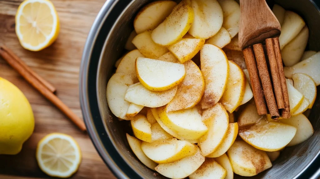 Fresh apple slices mixed with cinnamon, sugar, and nutmeg for apple pie filling