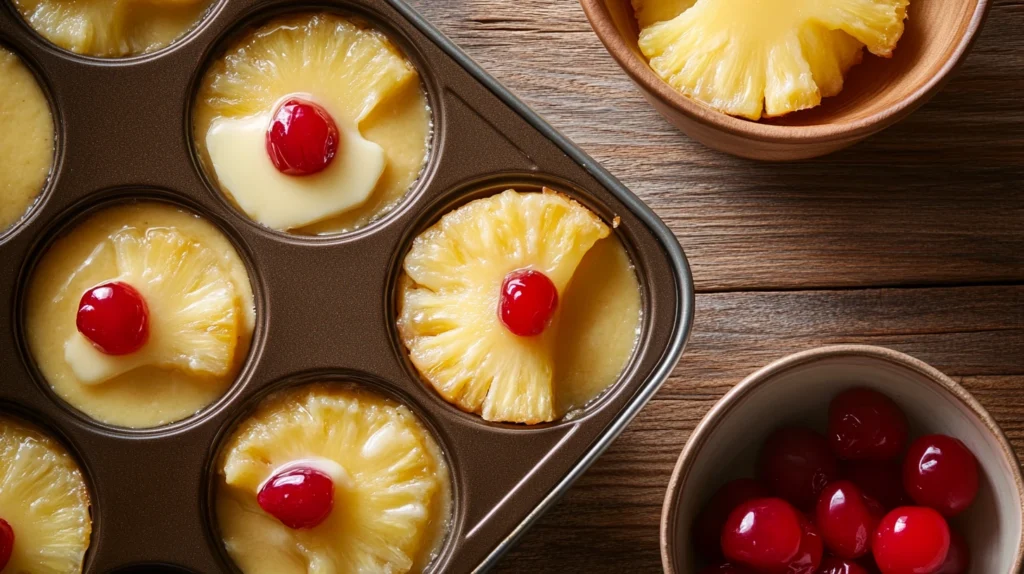 A muffin tin filled with caramelized brown sugar, pineapple slices, and cherries before adding the cheesecake batter.