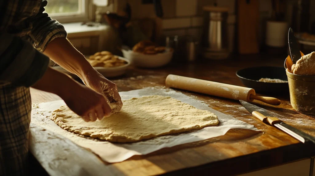 A baker rolling out cinnamon graham cracker dough on parchment paper, preparing it for cutting and baking.