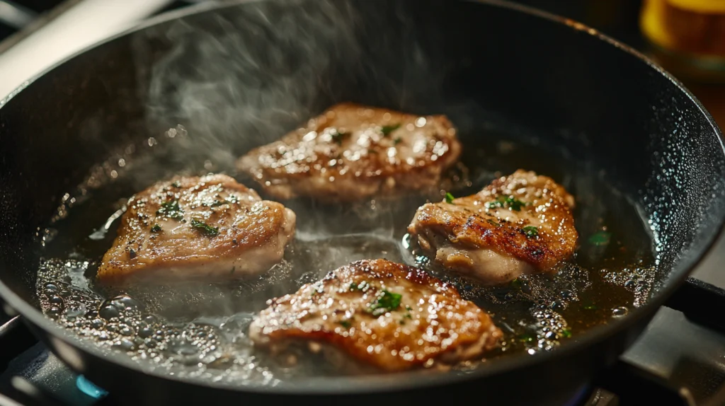 Chicken thighs sizzling in a cast-iron skillet, turning golden brown in a rich garlic butter sauce.