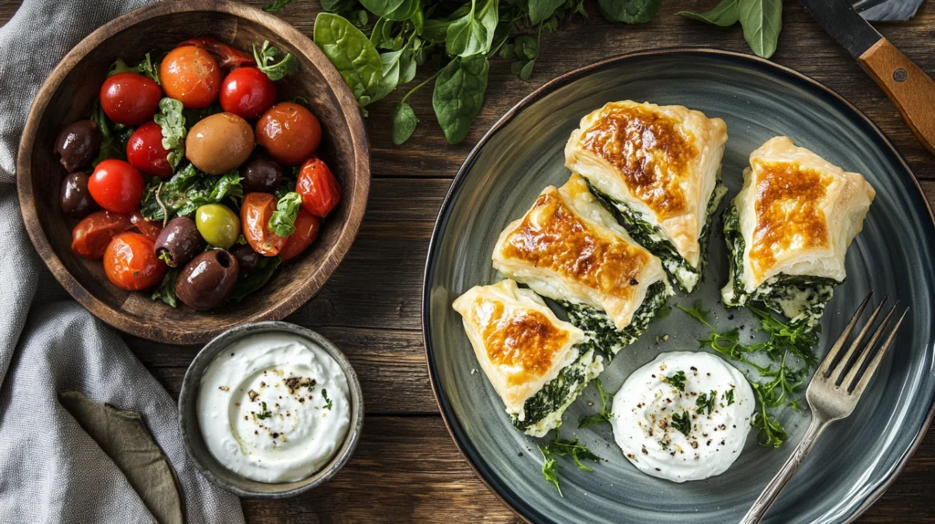 Cheese and spinach stuffed pastries on a plate with yogurt dip and a fresh Mediterranean salad.