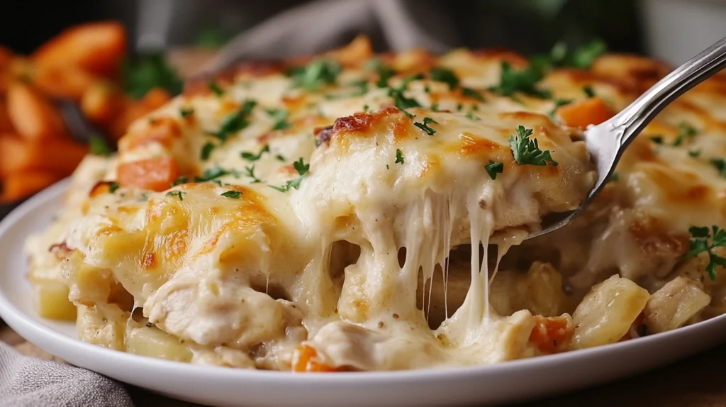 A plated serving of cheesy chicken and hash brown casserole, with melted cheese stretching from the spoon, garnished with fresh herbs.