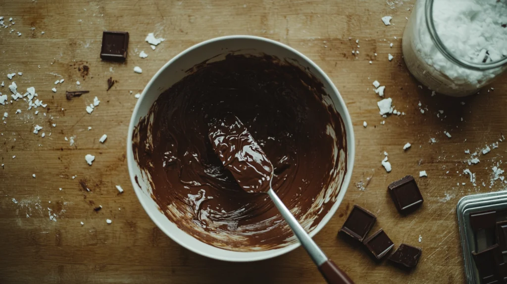 Chocolate covered strawberries recipe : A bowl of melted dark chocolate being stirred, with chocolate pieces and coconut oil nearby.