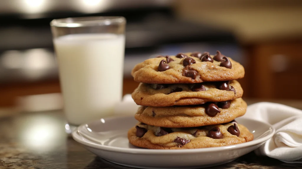 A stack of freshly baked cream cheese chocolate chip cookies with gooey chocolate chips, served with a glass of milk.