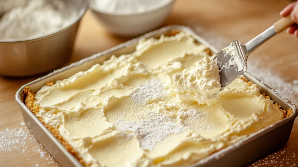  Vanilla cream filling being spread over a golden choux pastry base in a baking dish.