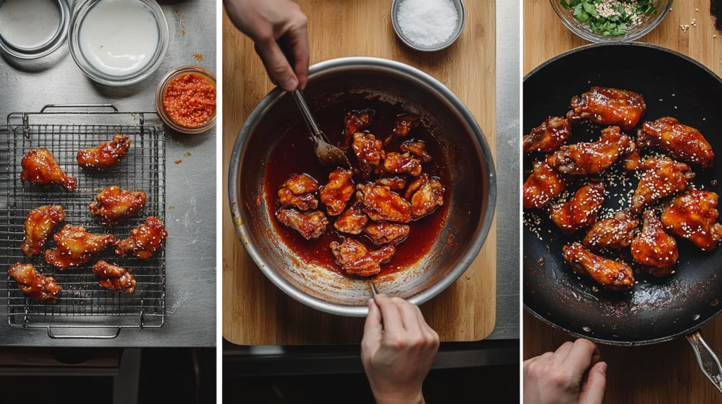 Step-by-step process of making Korean chicken wings recipe , from marination to baking and coating with a sticky gochujang sauce.