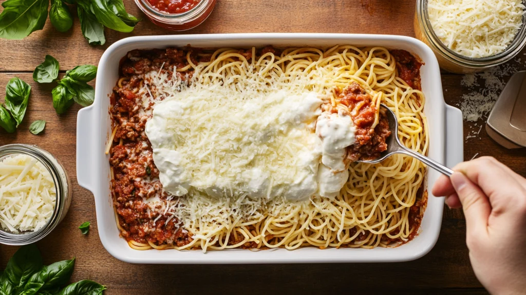 Layering spaghetti, creamy cheese, and meat sauce in a baking dish to make Million Dollar Spaghetti Casserole.