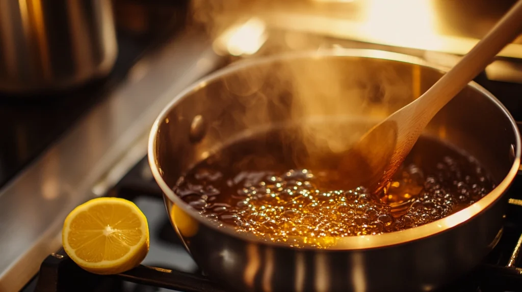 Golden sugar syrup bubbling in a saucepan, stirred with a wooden spoon, with a lemon wedge beside it.